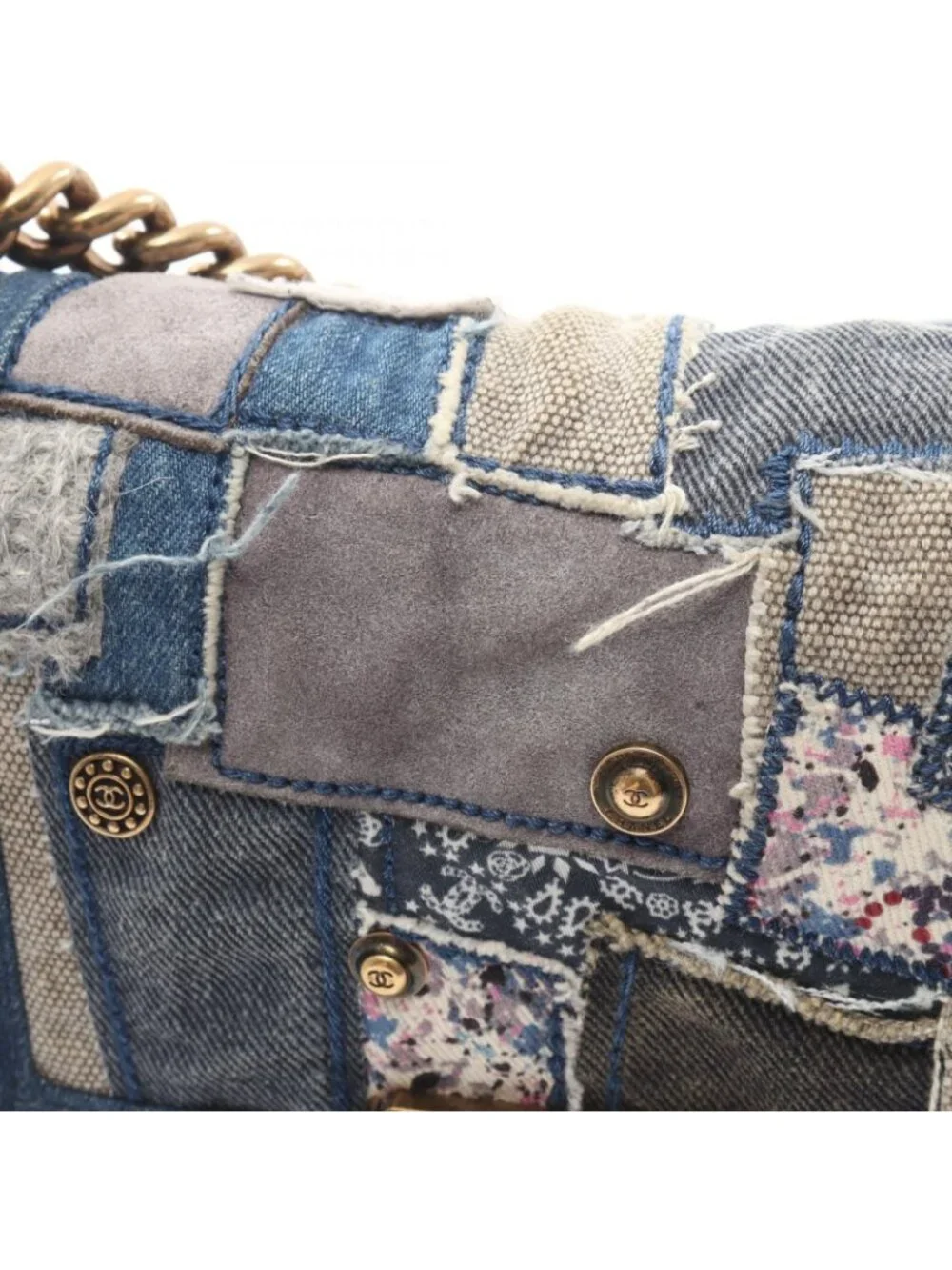 Chanel Shoulder Bag Boy Small Patchwork Antique Gold Denim Blue Ivory Multi